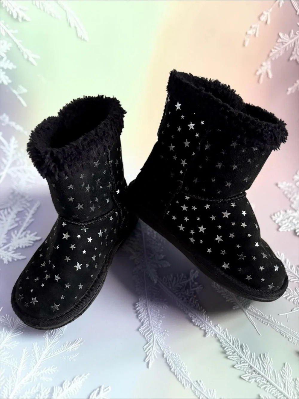 Lily & Dan Black Toddler Girls Star Print Faux‑Suede Winter Boots Size 11/12 EUC